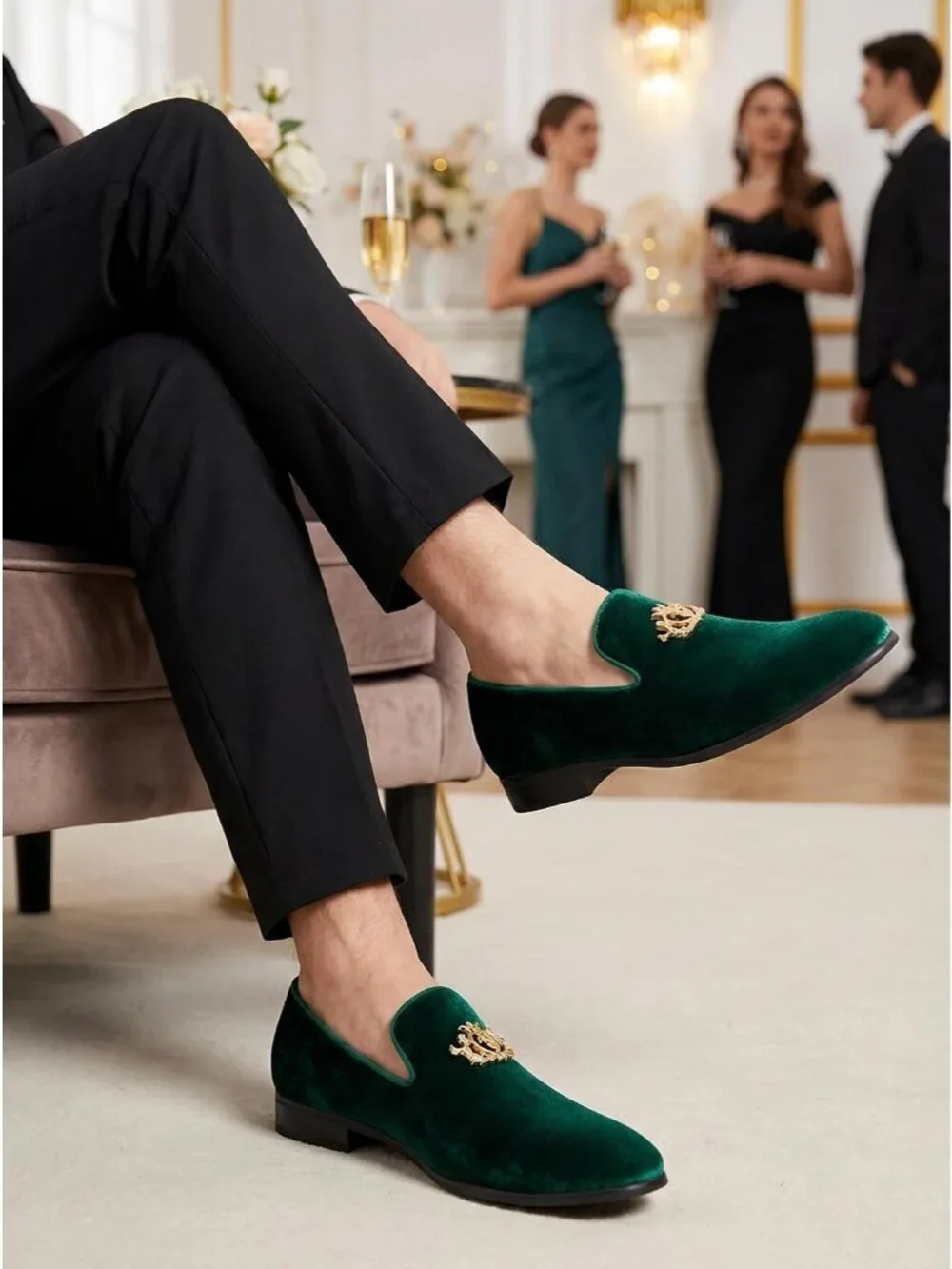 Cenprmon Men's Green Elegant Velvet Loafers Metal Buckle Penny Slip On Shoes
